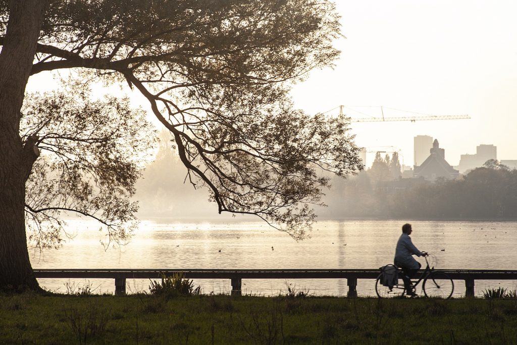 skyline vanaf de Kralingse Plas met fietser